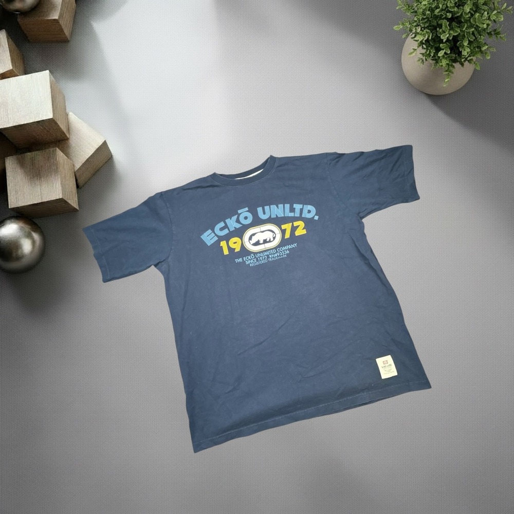 Ecko Unltd Vintage Y2K Navy Blue Graphic T-Shirt Boxy Fit Skater Streetwear L